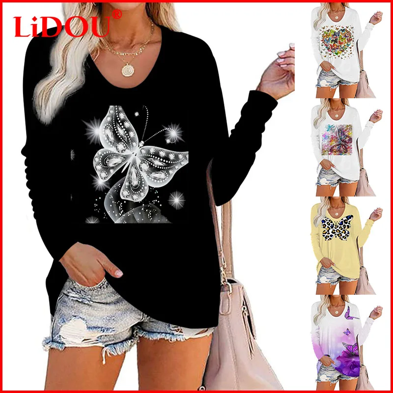 

Women Butterfly Printed Long Sleeve T-shirt Fashion Autumn Clothes Round Neck Oversized Tops Loose Casual Pullover Streetwear