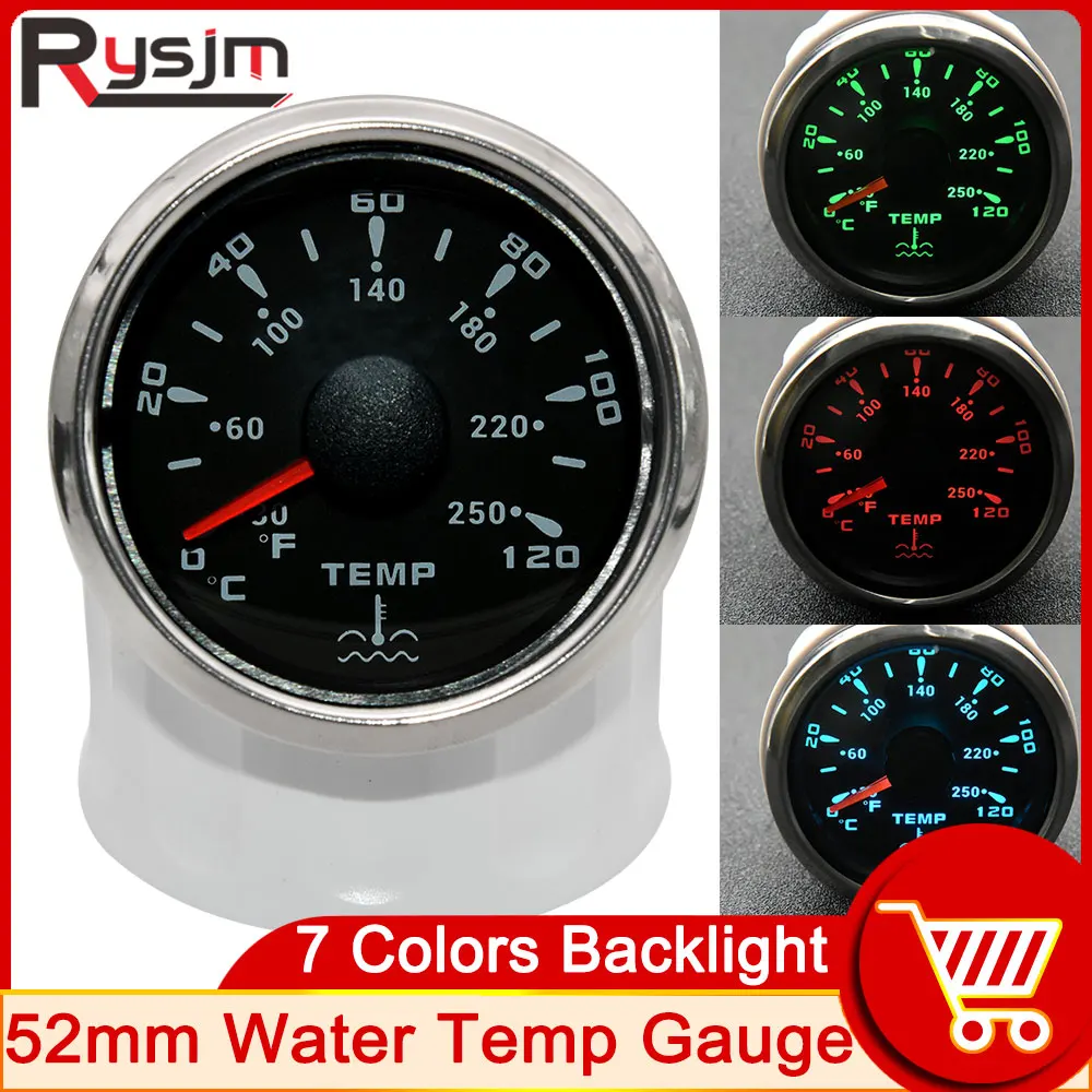 

52mm Water Temp Gauge 0-120 Celsius 30-250 Fahrenheit 7 Colors Led Water Temperature Meter Boat Car Meter Auto Replacement Parts