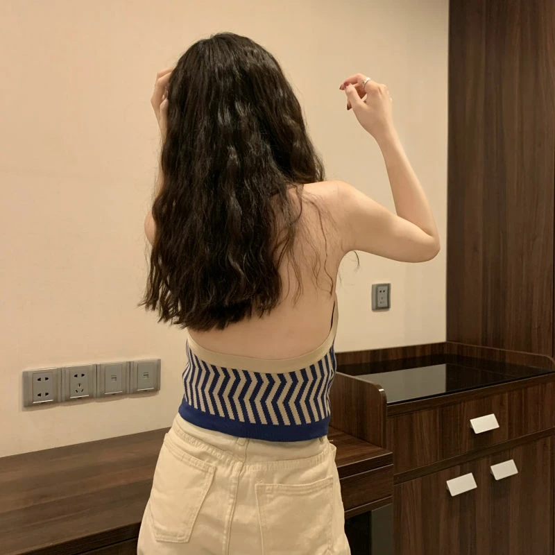 

Women Knitted Tank Tops Sexy Sleeveless Stripes Print Female Tank Tops Button y2k Halter Crop Tops Casual Backless Slim Outfits
