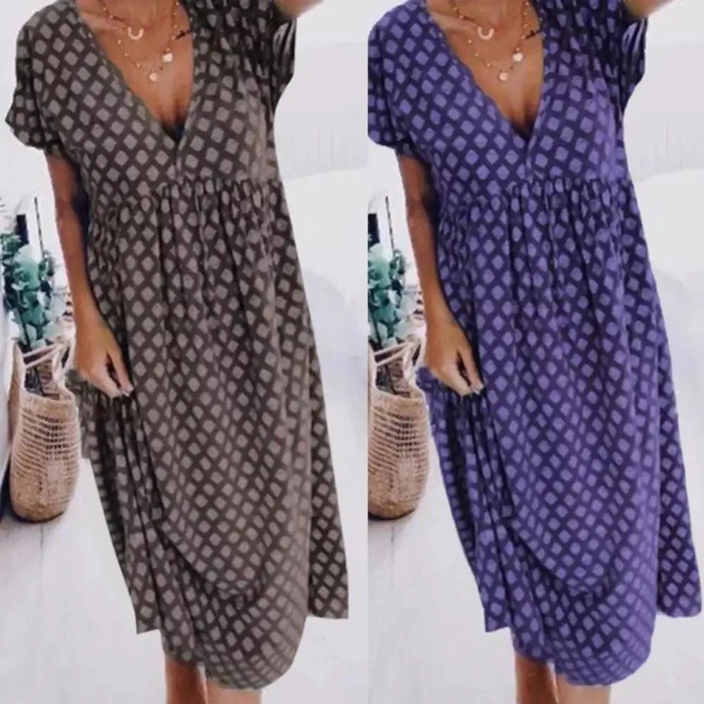 Женское платье с коротким рукавом V-образным вырезом и геометрическим принтом |