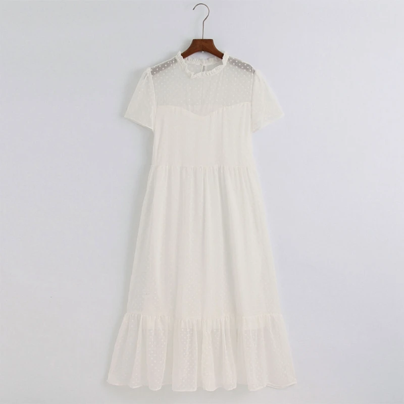 

X5XD Women Short Sleeve Ruffles Flowy Dot Printed Solid Color Loose Midi Long Dress