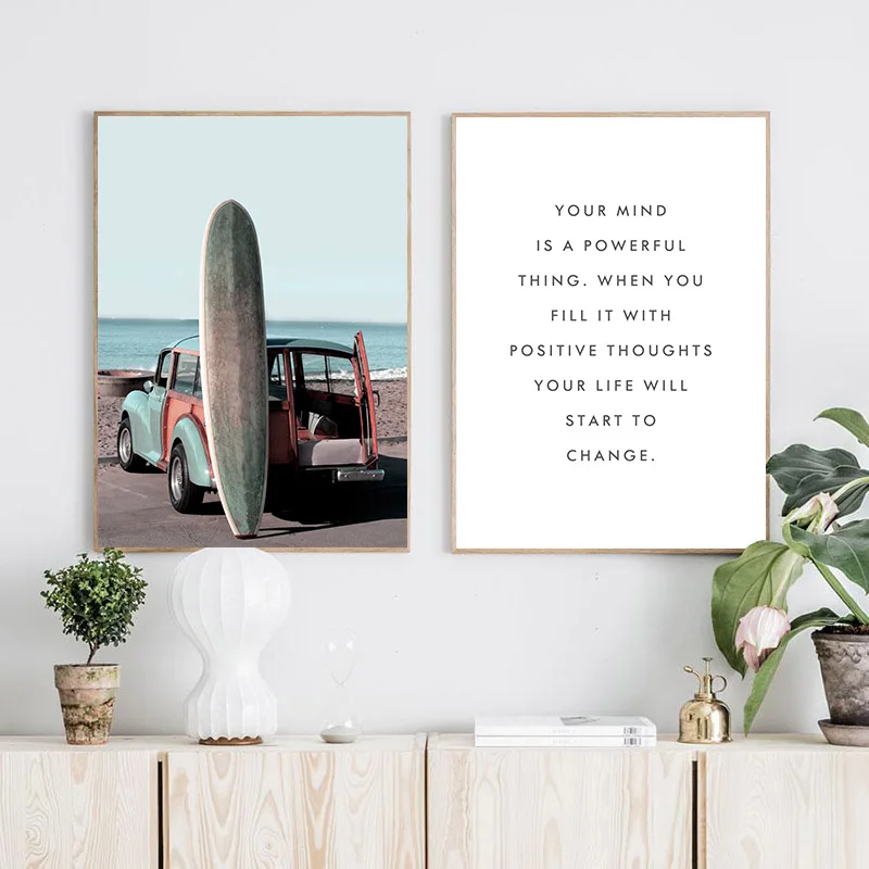 Доска для серфинга пальма автобус пейзаж плакат декор тропического океана