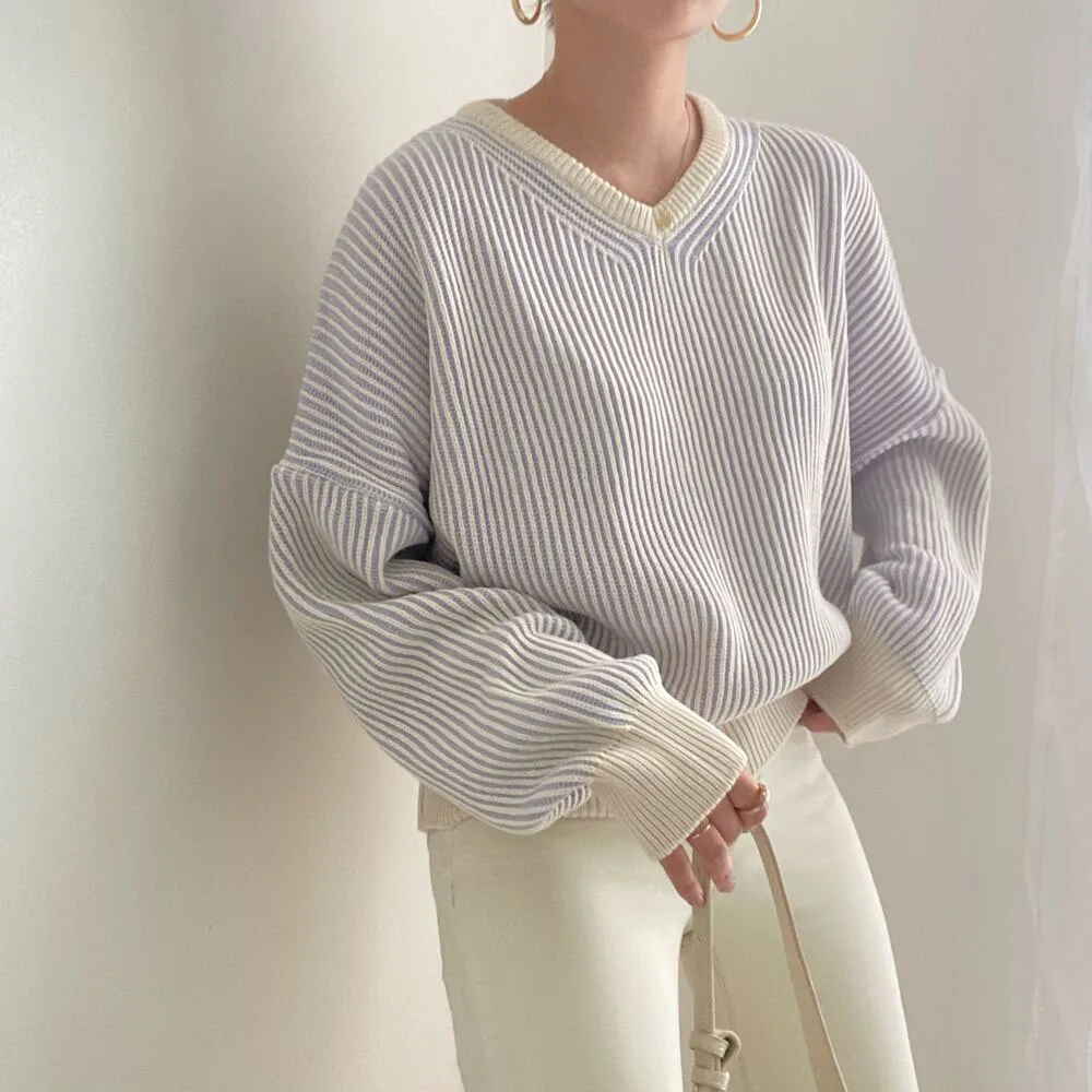 

2021 Knitted Top Long-sleeved Sweater For Women Korean Chic Autumn And Winter New Loose And Lazy Casual Vertical Stripes V-neck