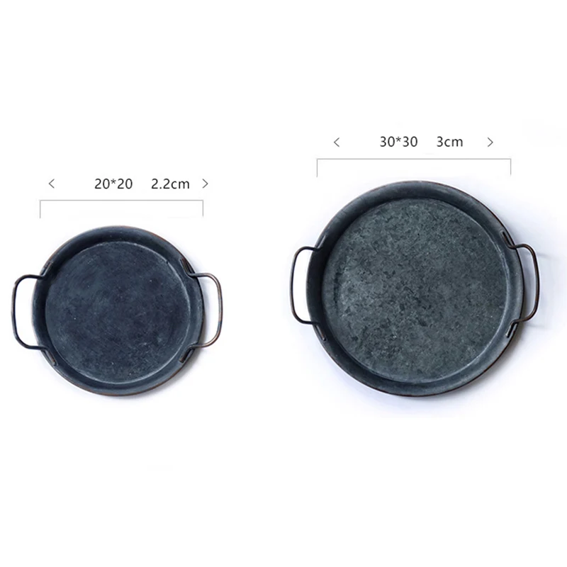 

Metal Plate With Handles Storage Bread Tray Handcrafted European Retro Round Wrought Vintage Garden Restaurant Home Decoration