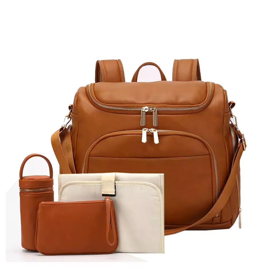 

PU Leather Baby Nappy Diaper Bag Backpack+Changing Pad+Stroller Bag+Cosmetic Straps+Insulation Bag