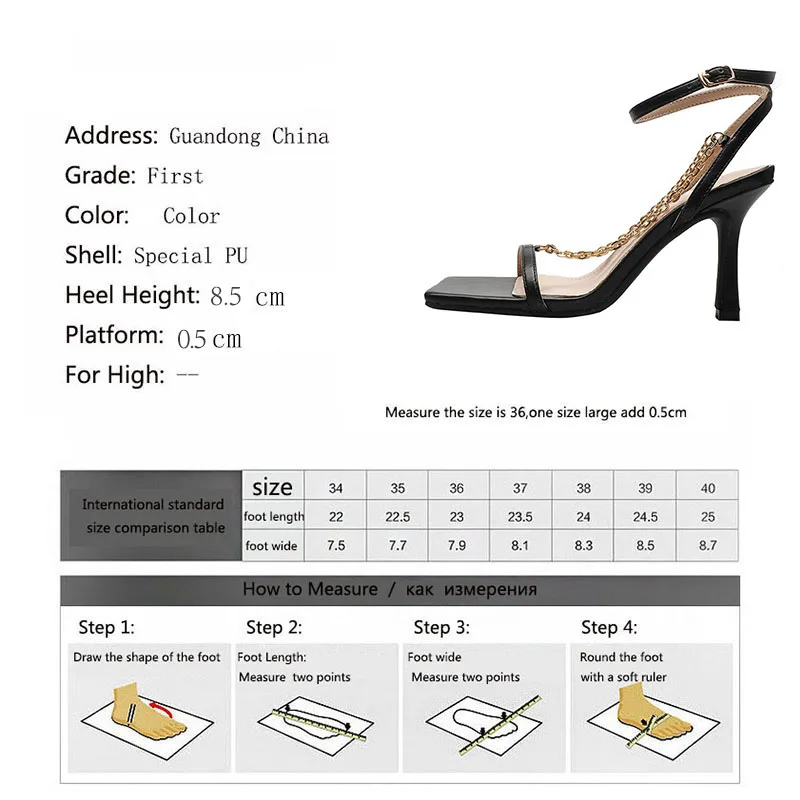 

Meriahzheng Summer Sexy Square Toe Open-toe High Heels Fashion Metal Chain One Word Sandals Thin Heel Women's Shoes LSJ
