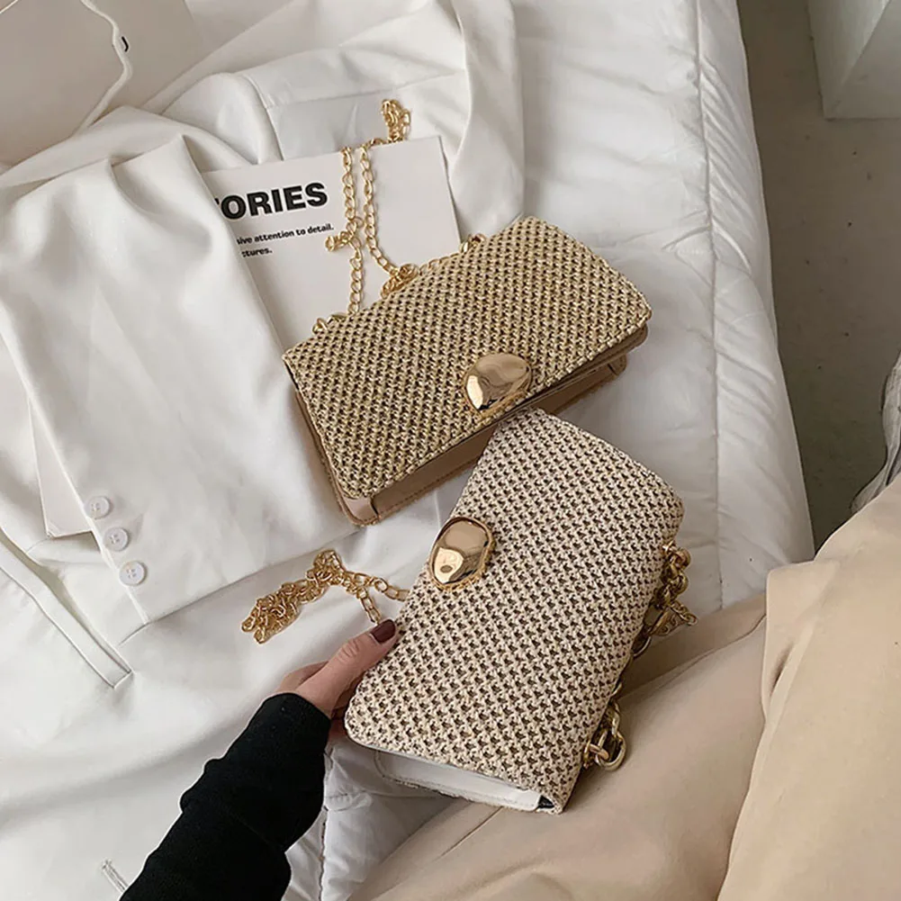 

Fashion Women Straw Woven PU Leather Shoulder Bag Small Thick Chain Handbag