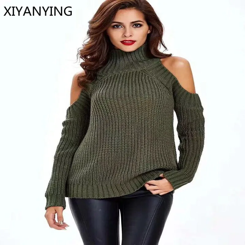 Свитер женский осенний сексуальный открытый плечо Свободный вязаный свитер