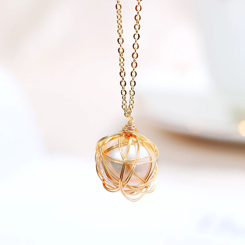 DAIMI Pearl Necklace Bird Nest Cage 12-13mm Round Natural Pendant For Women | Украшения и аксессуары