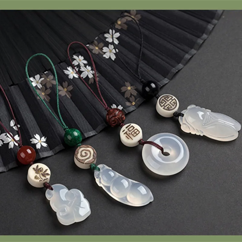 

Original DIY chalcedony mobile phone lanyard Chinese style unisex bag pendant key chain short wrist safe buckle u disk pendant