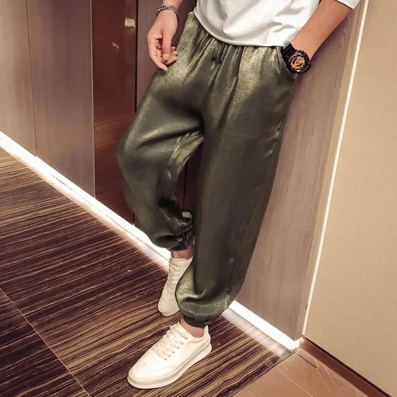 

Summer Mens Ice Silk Pants Loose Fit Lace Up Ankle-Length Sweatpants Male New Autumn Casual Wide Legged Joggers Bloomers Pants