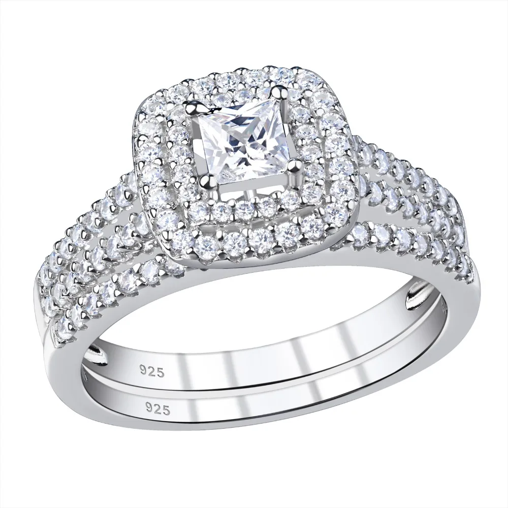 Wuziben 2 шт. 925 стерлингового серебра Свадебные Кольца для женщин 1.5Ct Принцесса Cut Белый Циркон Обручальное кольцо набор классических ювелирных изделий