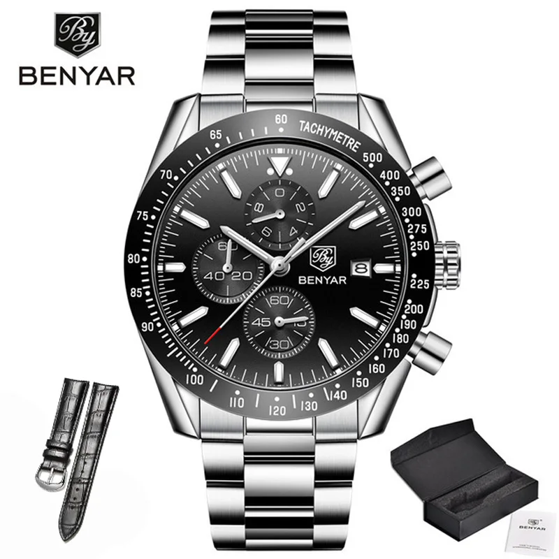 Black Strap S Часы мужские роскошные брендовые BENYAR мужские синие часы с силиконовым ремешком наручные часы Мужские часы с хронографом мужские часы Relogio Masculino - Цвет: Black Strap S