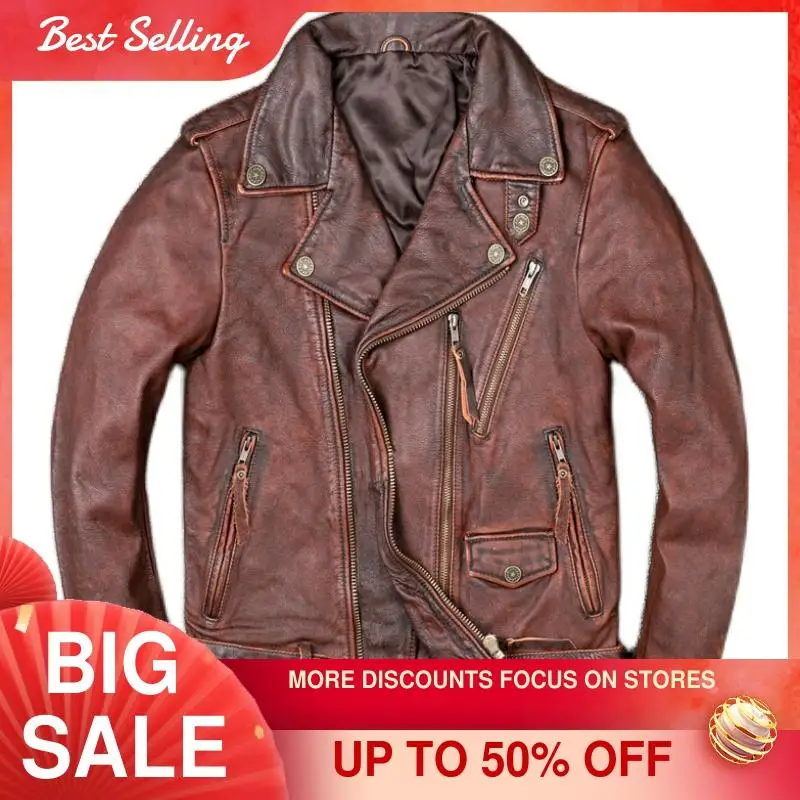 

2021 Vintage Brown American Motorcycle Style Genuine Leather Jacket Men Plus Size 5XL Real Natural Cowhide Slim Fit Autumn Coat