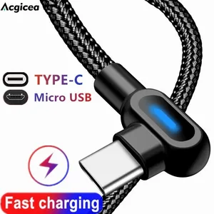 Кабель Acgicea с углом поворота 90 градусов Micro USB Тип C со светодиодной подсветкой для быстрой зарядки для Samsung Xiaomi Type-C Micro USB зарядные кабели для передачи данных