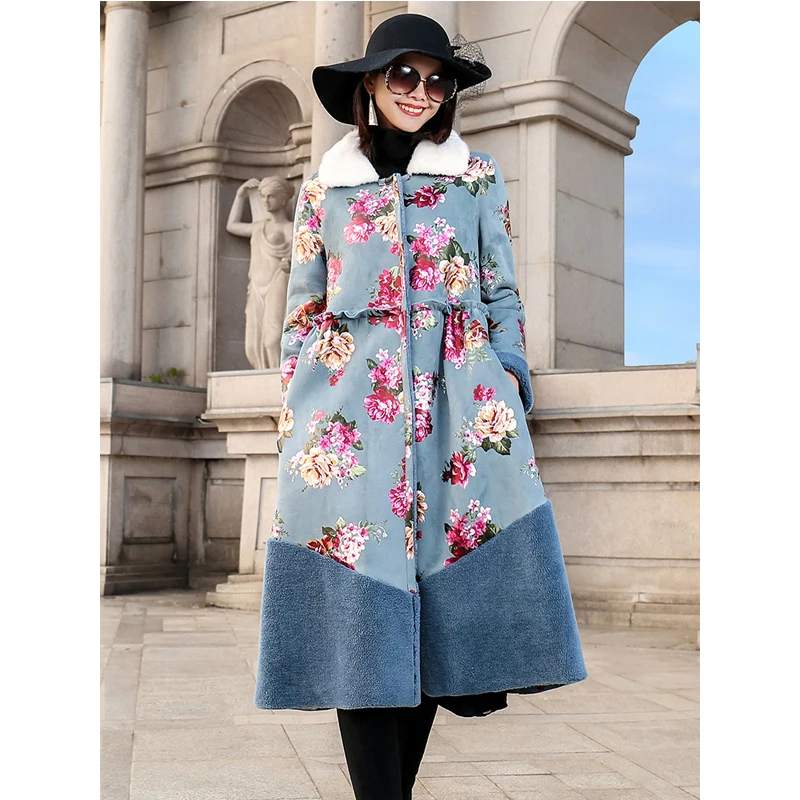 Женская Шуба из 100% натурального меха норки Длинная шерстяная с винтажным принтом