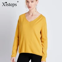 xisteps spring solid color pullover knitted t shirt tops v neck long sleeve women female underwear office lady 2020 stretch