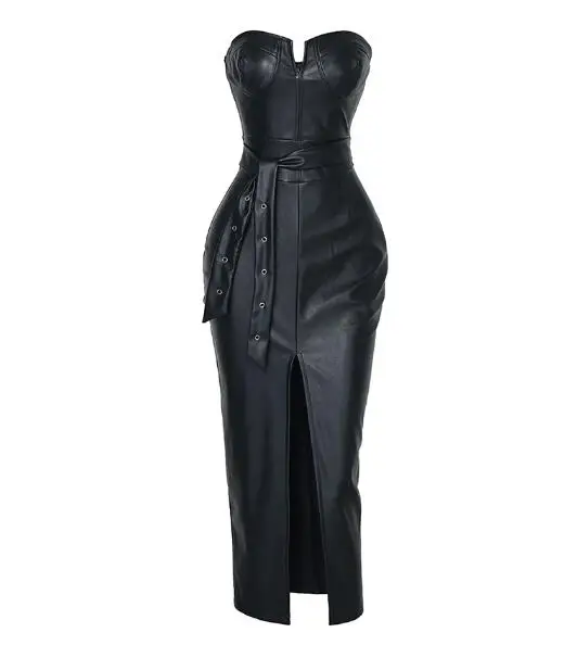 Платье из искусственной кожи с открытой спиной женское черное облегающее
