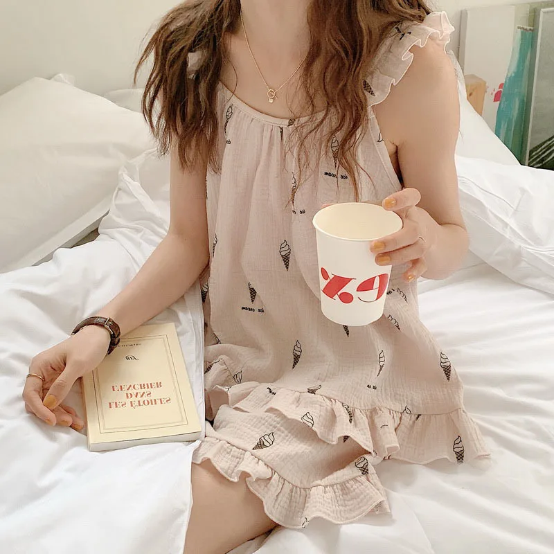 2021 Korea New Summer Ice Cream Printing Skin Cotton Yarn Women's Pajamas Sling Set Home Clothes Female Sleepwear Nightwear