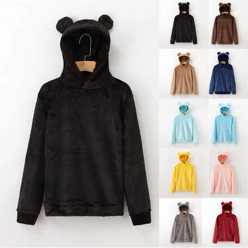 

Vogue Women's Long Sleeve Plush Hooded Sweatshirt Solid Color High Quality Multiple Colour Cute Women Lady Girl Winter Autumn
