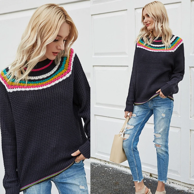 Женские осенние толстый вязаный свитер в этническом стиле Цвет блок Радуга