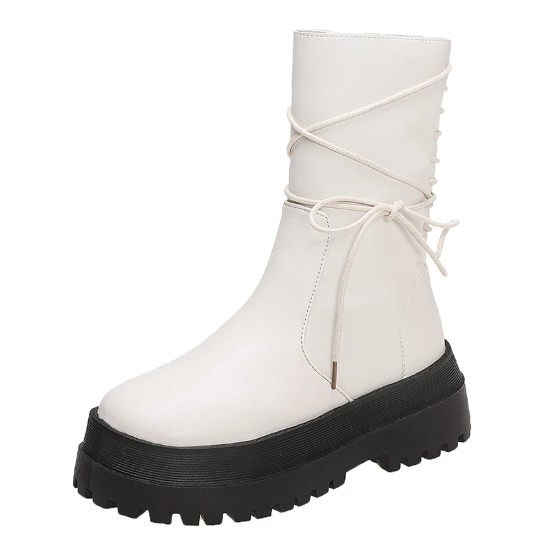 

Women's Fashion Boots PU Leather Platform Female Bandage Ankle Boot Zipper Thick Bottom Non Slip Woman Shoes Autumn Winter 2021