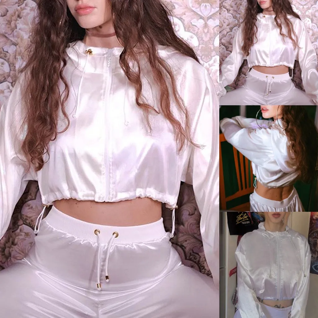 

Vogue Women's Solid Color long-sleeved Round Neck Zipper With Hooded Sweatshirt Top Sweatshirt Short Paragraph High Quality