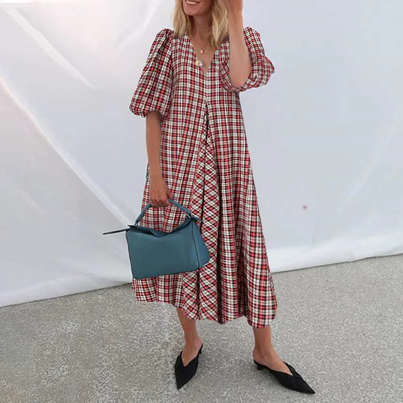 

Ladies Long Skirt Puff Sleeve V-Neck Check Cotton and Linen Skirt