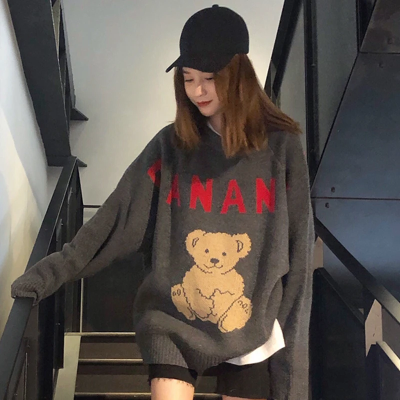 Зеленый серый женский пуловер с милым медведем свитер 2020 милыми мультяшными