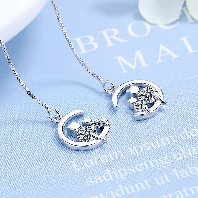 

Small Cute Crystal Cat Animal Earrings for Women Girl Fashion Elegant Long Chain Hanging Hollow Moon Drop Earring Jewelry Gift