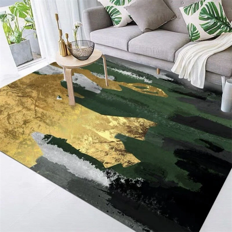 Fashion Modern Carpet Abstract Emerald Green Gold Gray Oil Painting Print Area Rugs Study Room Computer Chair Non-Slip Floor Mat