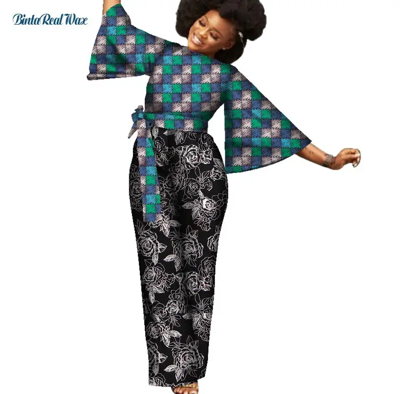 

African Clothes Dashiki Ankara Print Romper Jumpsuit Women African Clothing Bazin Riche Cotton Jumpsuit with Waistband WY7129