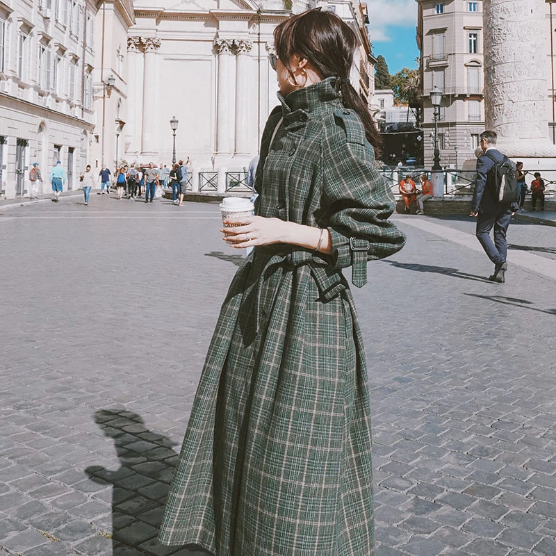 

Unua amo 2021 Winter Coat Women Long Temperament Single-breasted Belted Windbreaker Jacket Fashion Retro Plaid Woolen Coat