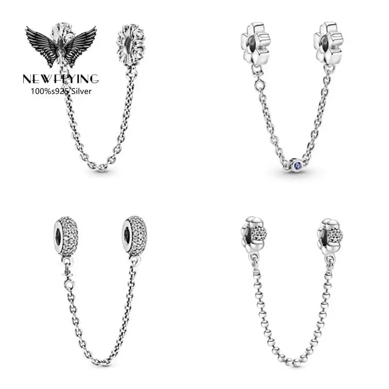 

925 Sterling Silver Pave Zircon Stone Sparkle Safety Chain Flower Bead Protection Charm Fit Pando Bracelet Bangle For Women
