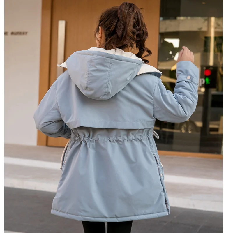 

Autumn Winter Warm Womens Padded Jacket Contrast Mid-length Parker Hooded Slimming Bread Loose Long Sleeve Fashion Thick Coat