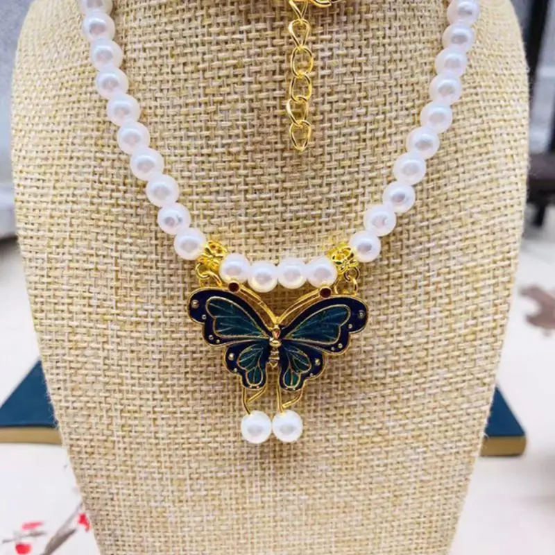 

Vintage Hanfu Pendant Beaded Necklace Cheongsam Butterfly Necklace Jewelry