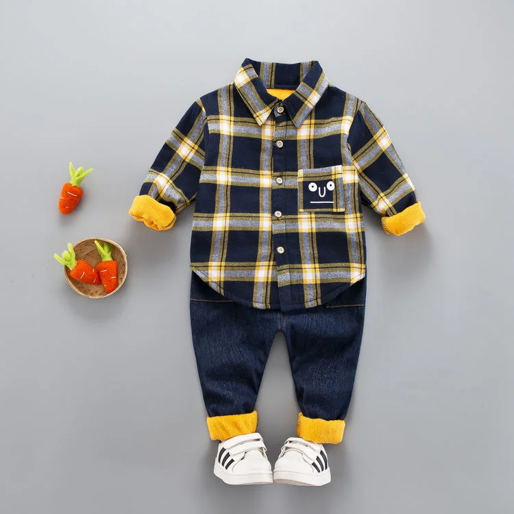 

Autumn Children Baby Boys Girls Clothes Infant Gentleman Thick Velvet Plaid Shirt Pants 2pcs/sets Toddler Clothing Kids Suits