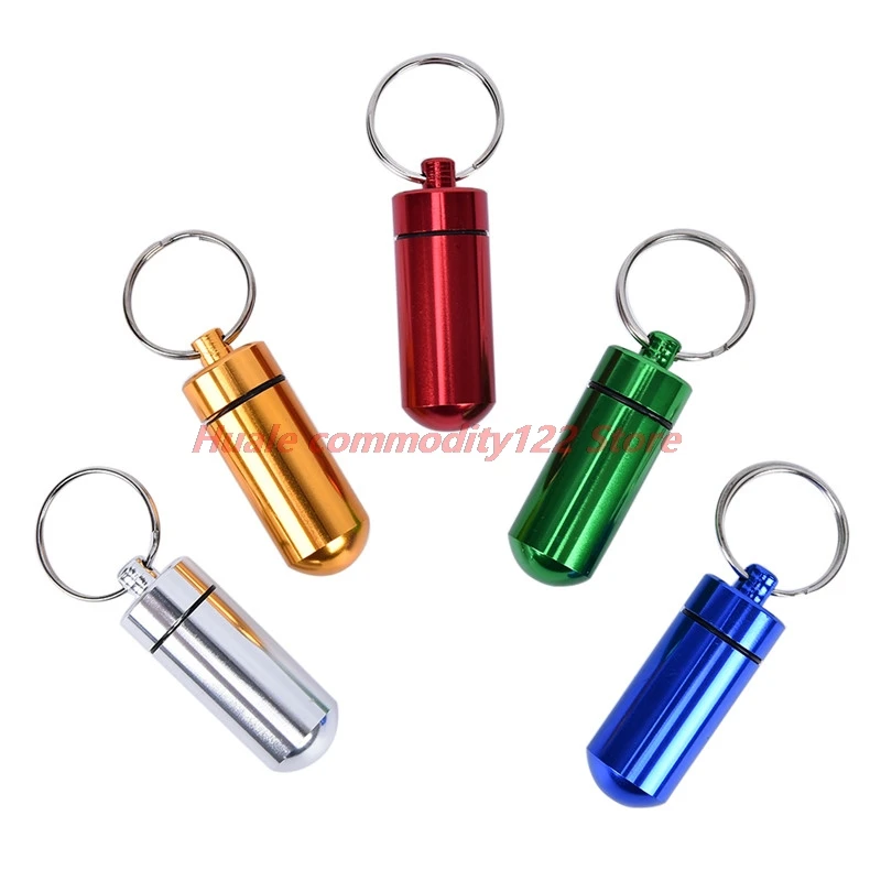 

New 1Pc Portable Waterproof Mini Blue Aluminum Keychain Pill Storage Box Bottle Case Holder Refillable Bottles