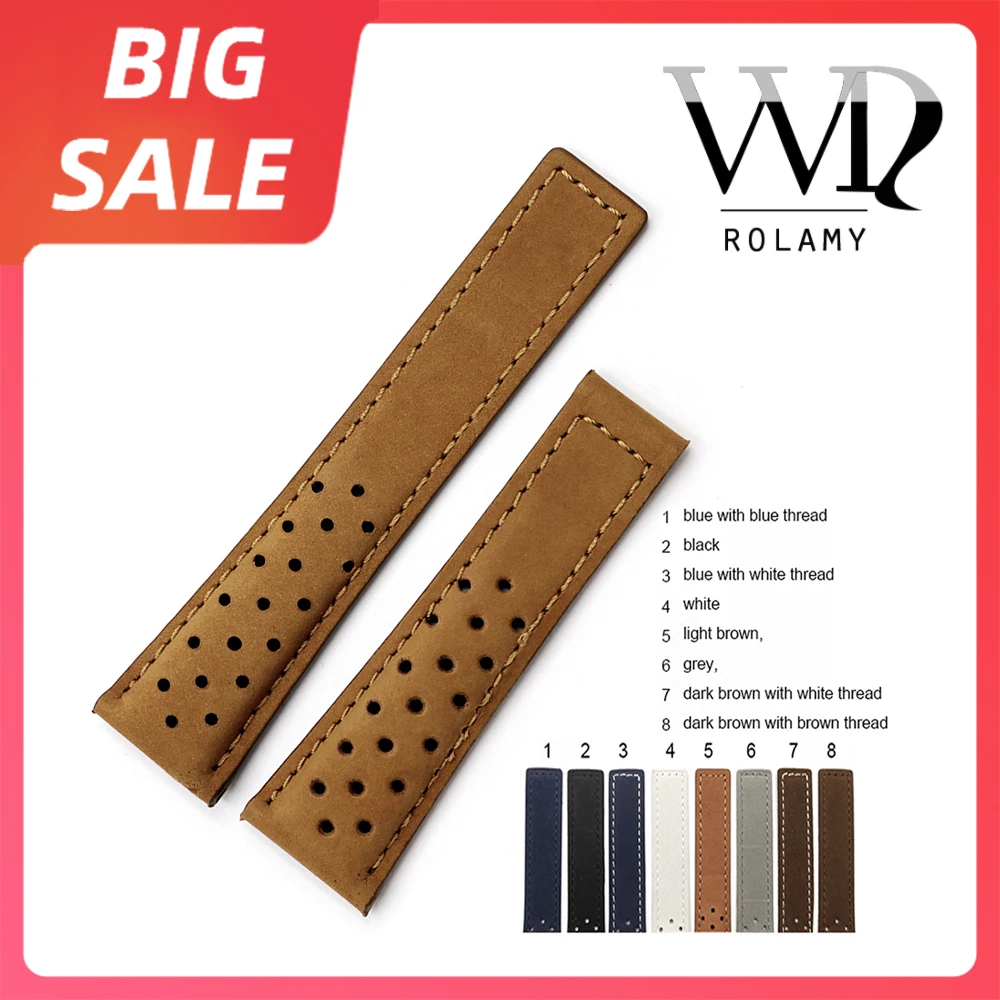 

Ремешок для часов Rolamy 20 22 мм, серый, белый, из натуральной телячьей кожи, замшевый ремешок, винтажный сменный кожаный ремешок для наручных ча...