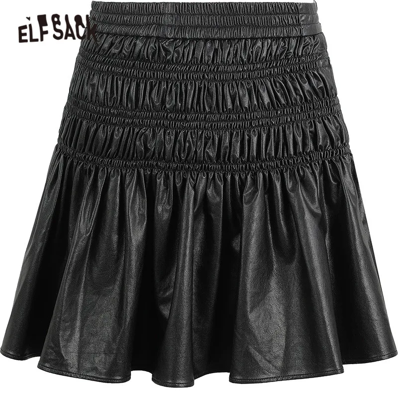 

ELFSACK Solid Pure Casual Locomotive Women Mini Skirts,2021 Spring Vintage High Waist,Ladies Daily Multi-Layered Leather Bottom