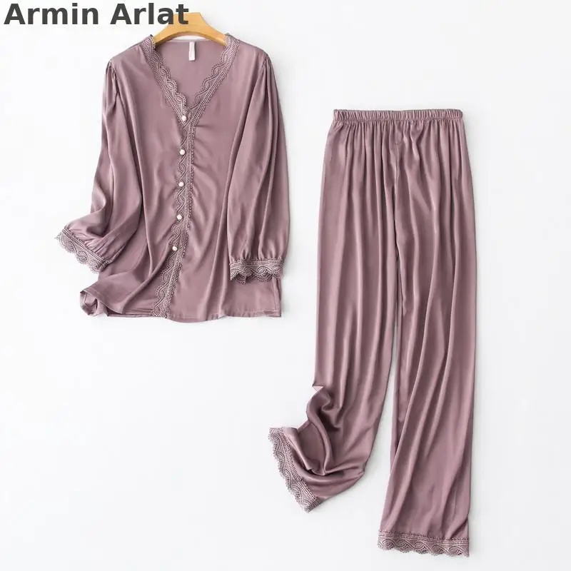 

Armin Arlat Sexy Pajama For Women Satin Solid Pijama Casual Autumn Pyjamas Sleepwear Elegant Ladies Home Wear Lace Deep V Spring