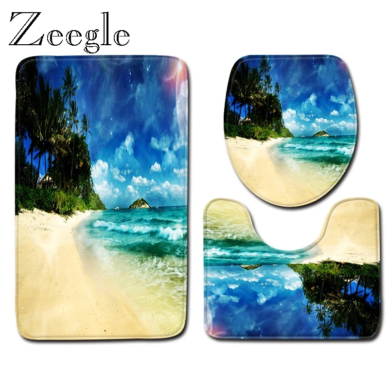 

Zeegle Printed Beach Bath Mat Set U Shape Bathroom Carpet Anti-Slip Toilet Mat Modern Area Rug High Water Absorbent Bath Rug