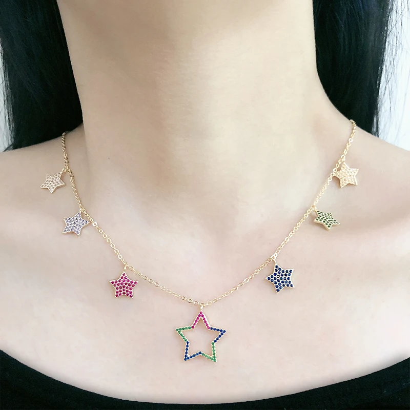 Новые Медные, золотистого цвета разноцветные пентаграммы AAA кубического циркония простое женское колье-Подвеска Модные ювелирные изделия Cobre CZ Colar
