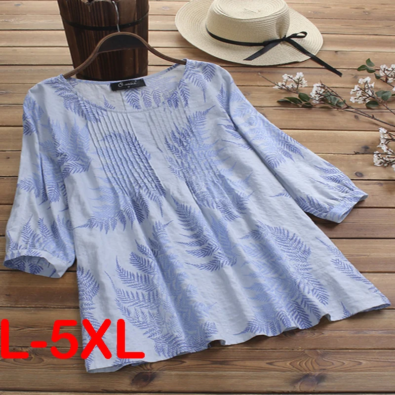 

L-5XL Women Blouses Fashion Half Sleeve Floral Print Shirt Elegant O-Neck Blouse Shirt Casual Loose Tops OL Pullover Tops