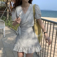 2021 summer women a line fitted waist v neck polka dot short sleeve above the knee ruffle dress ladies holiday leisure dresses