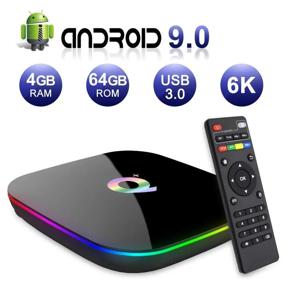 

Android 9.0 Q Plus Smart TV Box 4GB RAM 32GB/64GB ROM Quad Core H.265 USB3.0 2.4G WiFi Set Top Box 4K TVBOX Video Media Player