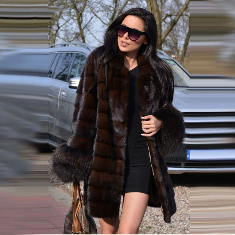 TOPFUR Clearance Price Fashion Real Fur Coats With Raccoon Fur Cuff Women Long Whole Skin Fur Coat Winter Mink Fur Jackets
