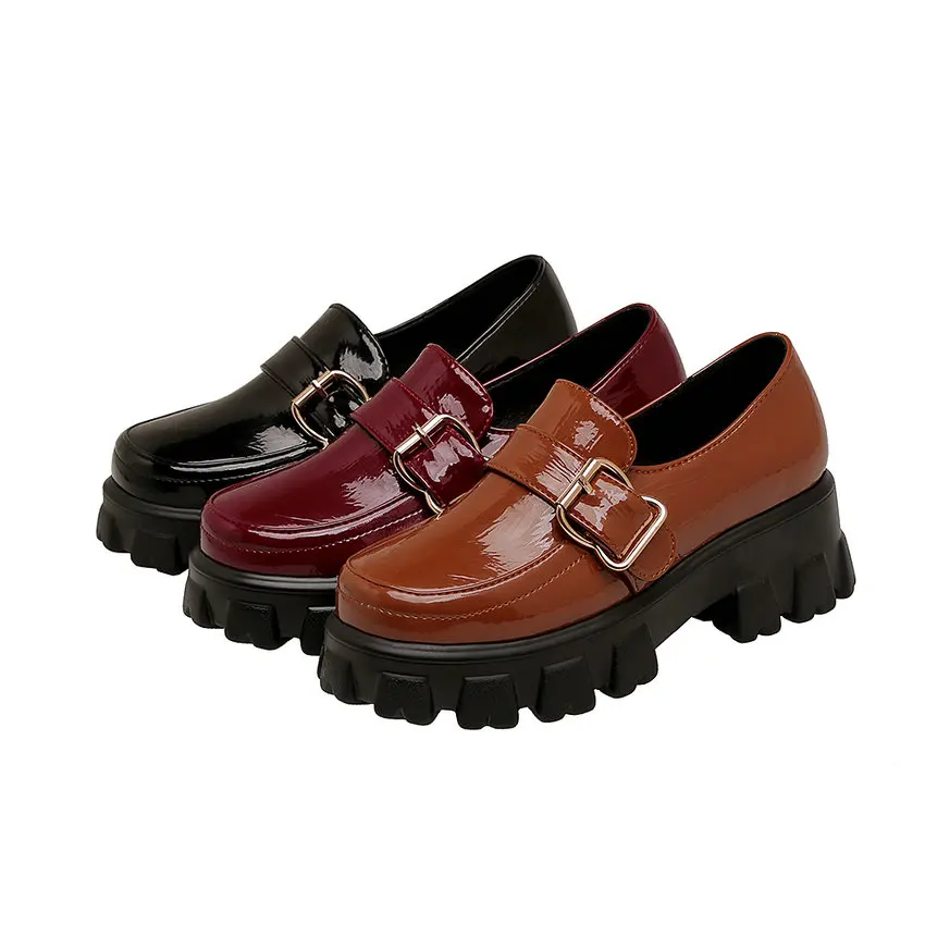 

ESVEVA 2021 Square Med Heels PU Leather Slip On Women Pumps Fashion Buckle Round Toe Ladies Shoes Spring Big Size 34-43