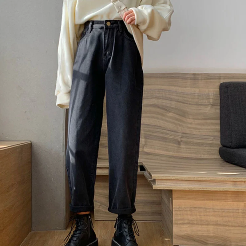 

Черные Мешковатые прямые брюки в корейском ретро-стиле, женские универсальные весенние джинсы с высокой талией, длинные брюки для студенто...