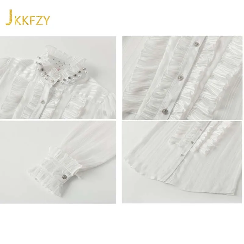 

Spring 2021 Stand-up Collar Shirt Women Fashion Design Ruffle Court Style Chiffon Blouse Female Solid White Pearl Toppies